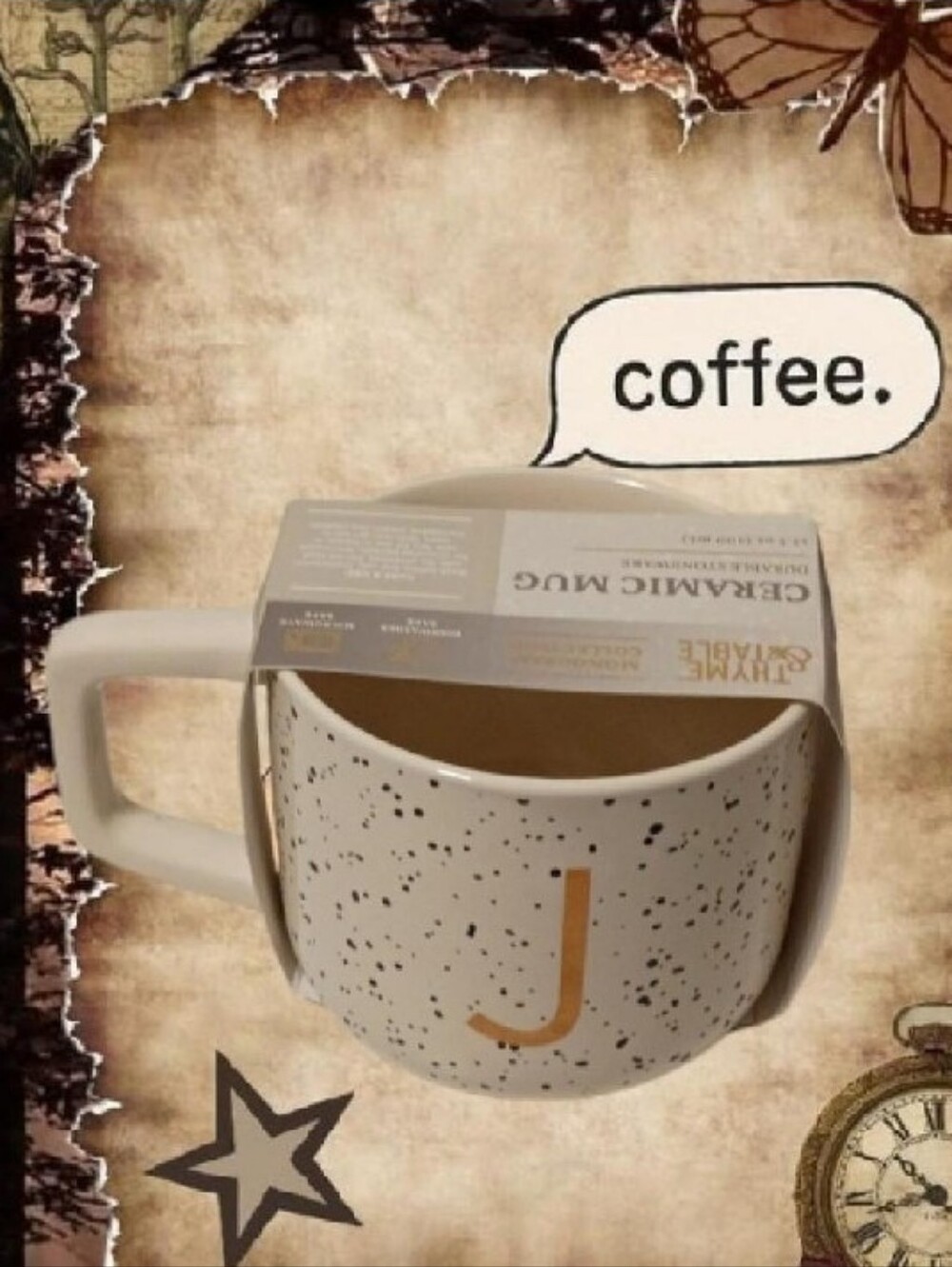 Brand New Thyme & Table J Monogram 13.5 OZ Stoneware Mug Cream & Gold